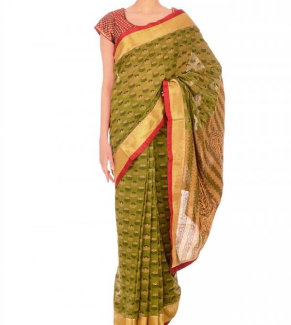 Green Jacquard Sari in Cotton silk
