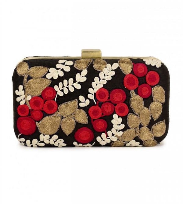 Black and red fruit embroidered clutch bag