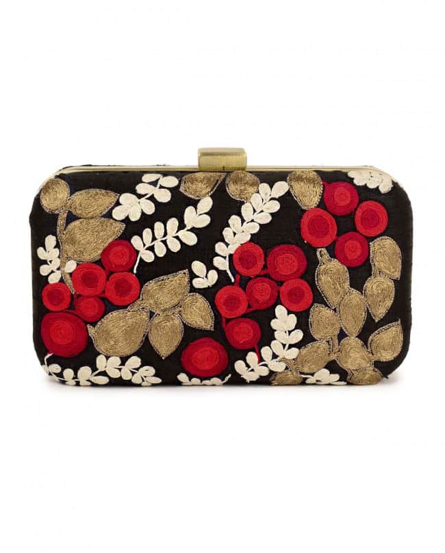 Black and red fruit embroidered clutch bag