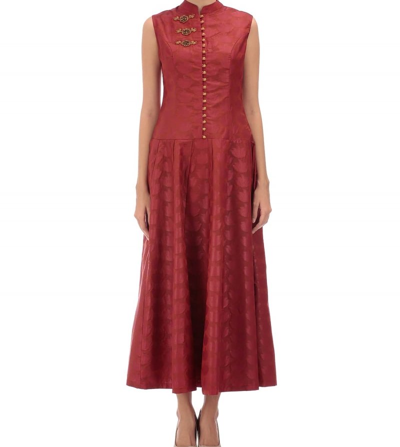 Deep Red Brocade long Dress