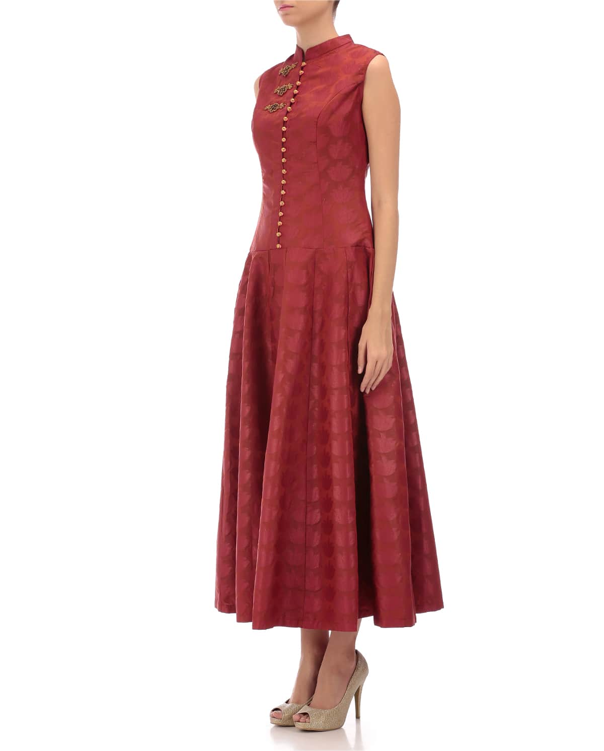 Deep Red Brocade long Dress - Aharin by Prasansha