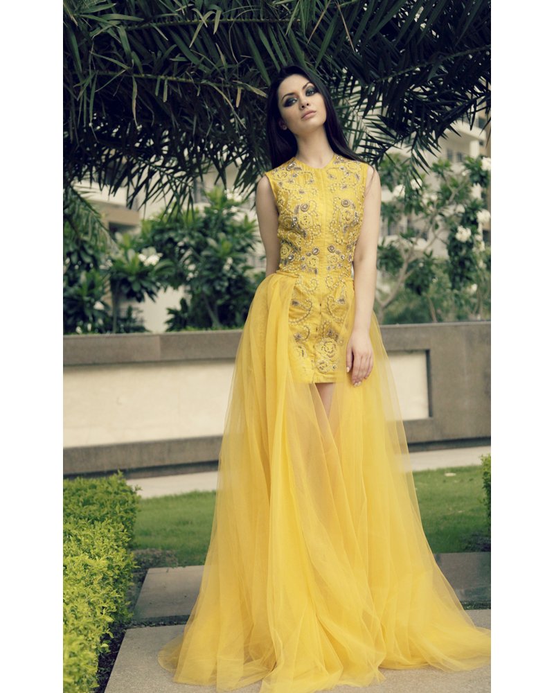 Yellow Zardozi Embroidered Gown
