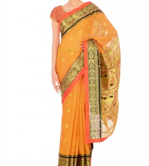 Yellow Mirror work Sari with Saffron Blouse