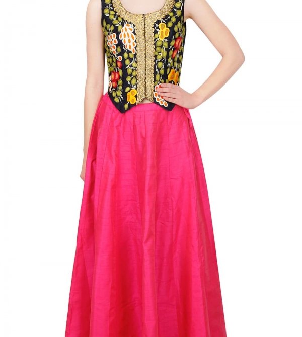 navy fruit embroidered waistcoat with pink skirt