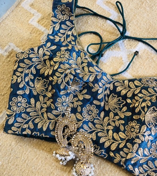 Blue silk embroidered blouse