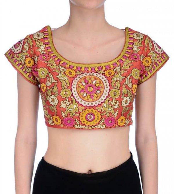 Brick red multicolor embroidered blouse
