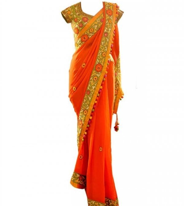 Orange Multicolor Embroidered Sari & Blouse