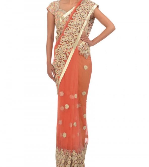 Peach Heavy Embroidered Sari