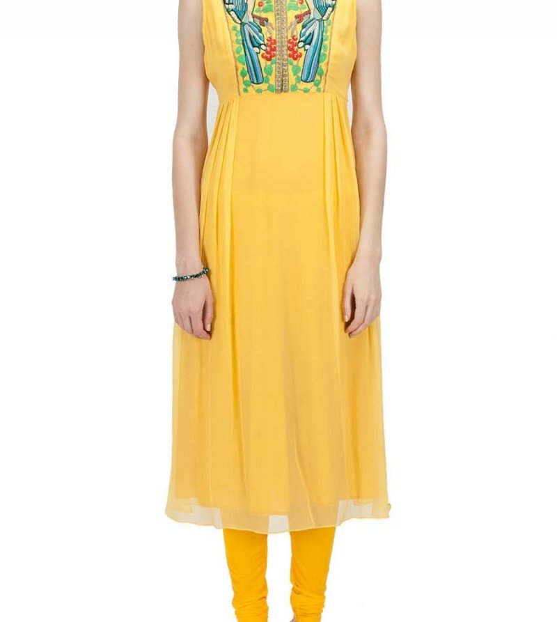 yellow embroidered straight kurta set