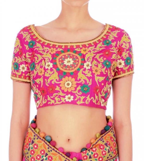 Magenta pink multicolor thread embroidered blouse