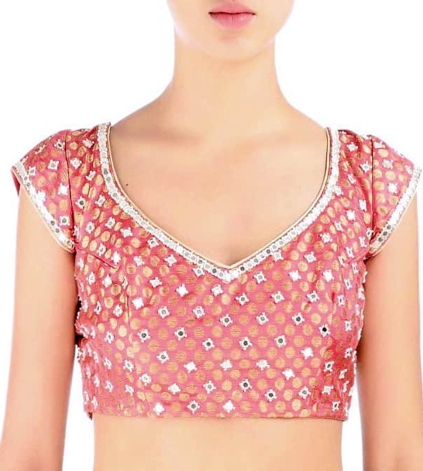 Peach mirror and pearl embroidered sari blouse