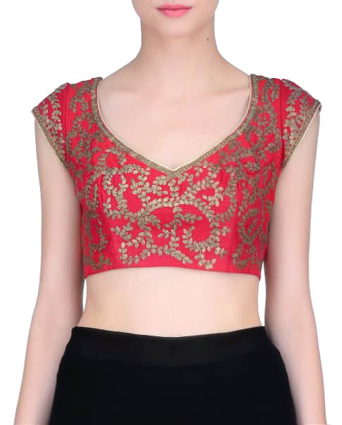 Ruby Red Embroidered Blouse with Antique Gold Zari
