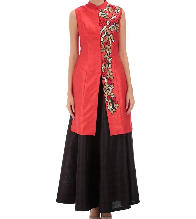 red embroidered long jacket with black lehanga skirt