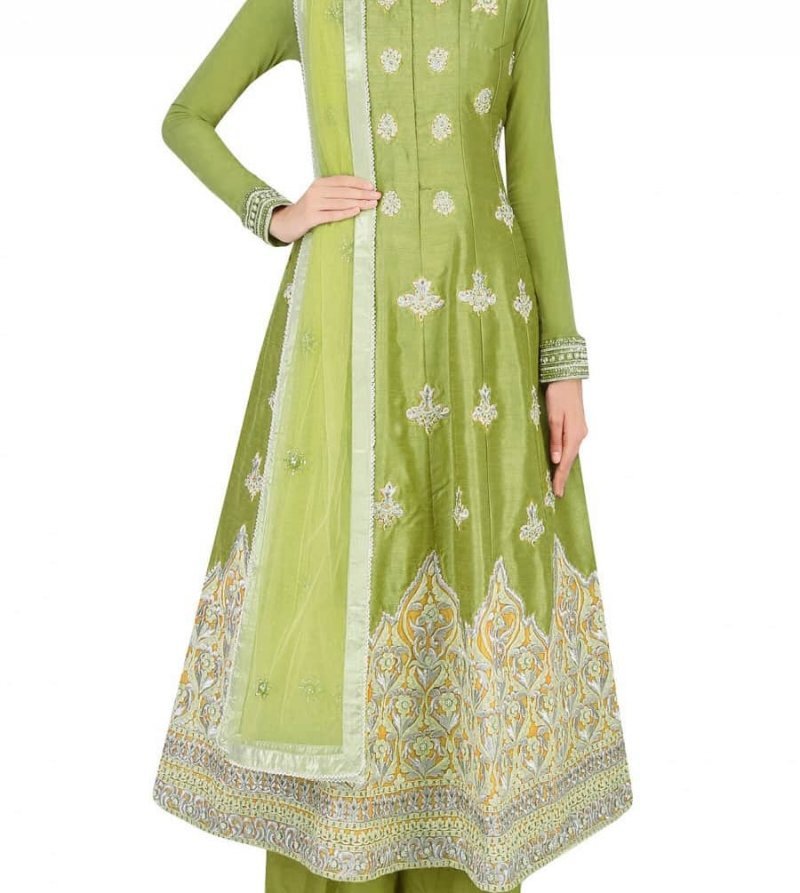 Olive Green silk anarkali with palazzo pants set.