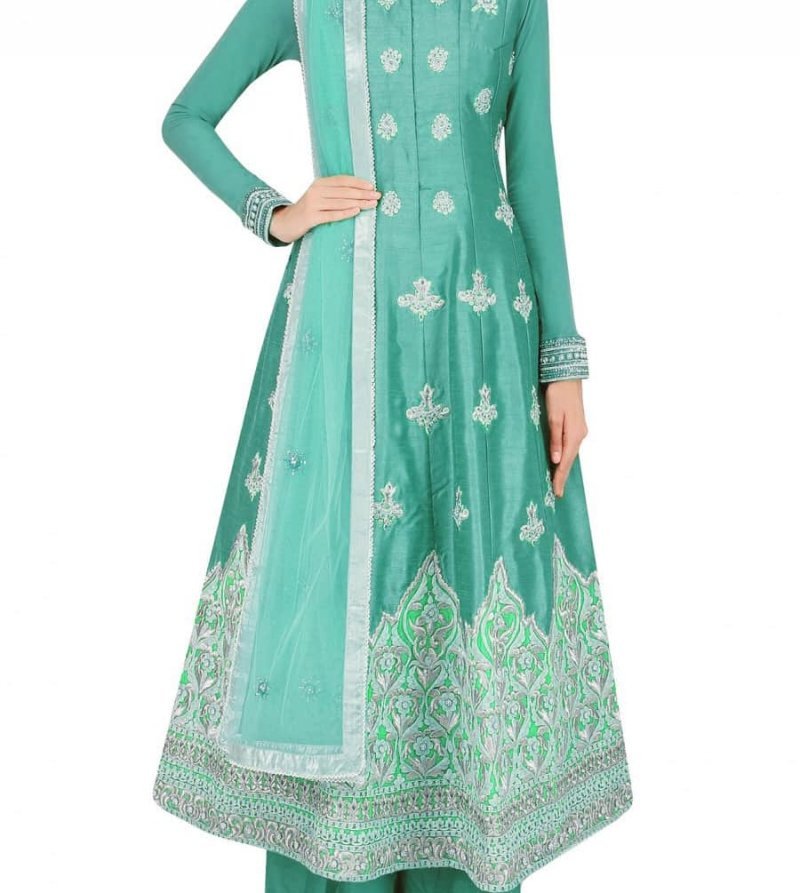 A Sea Green silk Blue anarkali with palazzo pants set