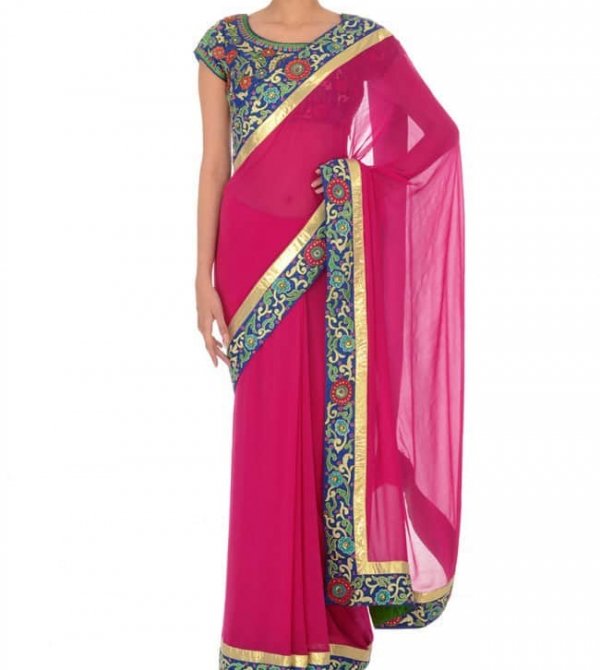 Fuschia Pink Embroidered Sari & Blouse