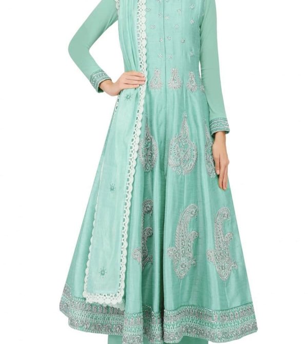 Turquoise silk Anarkali set