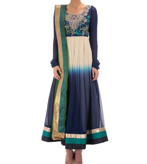 white and blue Queensbury Anarkali