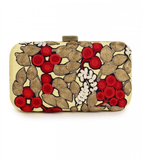Cream clutch in gold, ivory and red embroidery