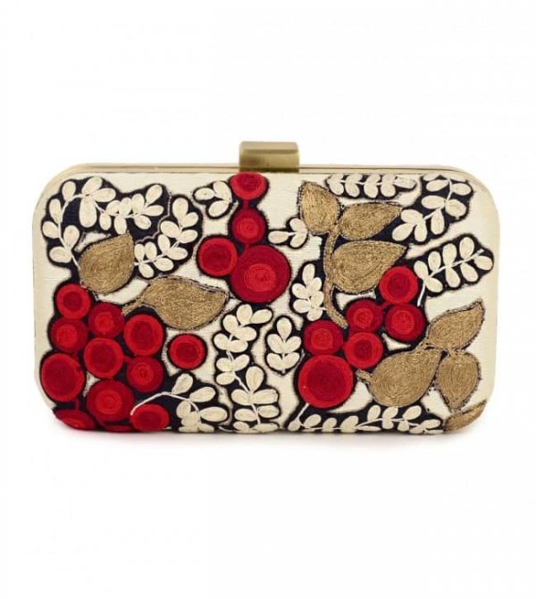 Ivory clutch with red fruit and leaf embroidery