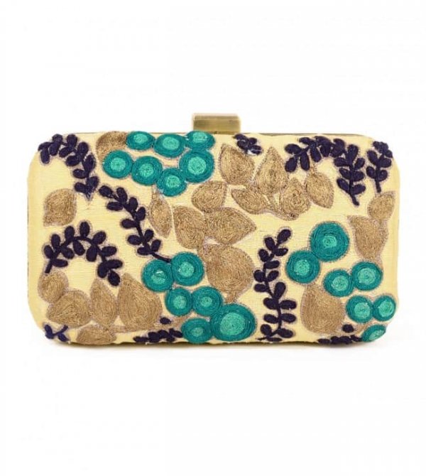 Cream and turquoise fruit embroidered clutch bag