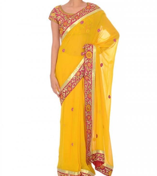 Yellow Multicolor Embroidered Sari & Blouse