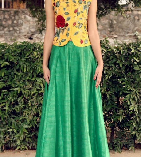 Yellow Embroidered Waistcoat and Emerald Green Plain Skirt