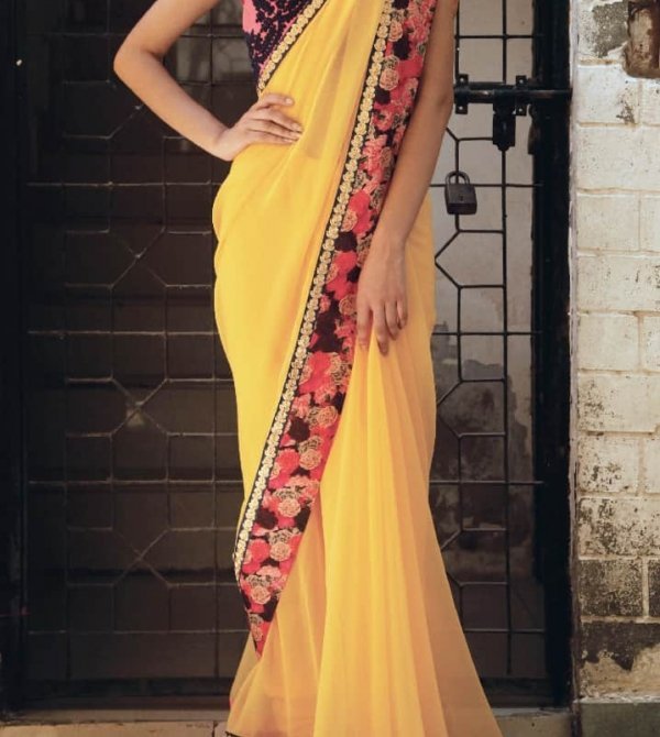 Yellow Floral and embroidered sari